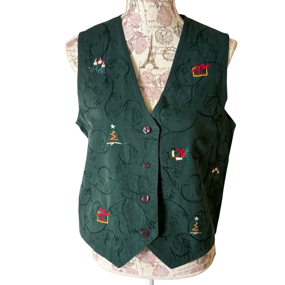 Vintage Christmas Vest Women Size Medium Green Embroidered Tree Gifts